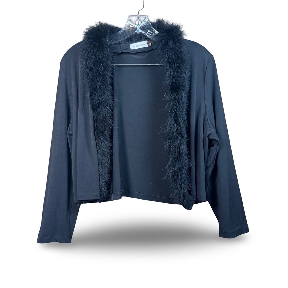 Calvin Klein Black Cropped Shrug Sweater Jacket Size S M Small Fur Faux Trim Y2K